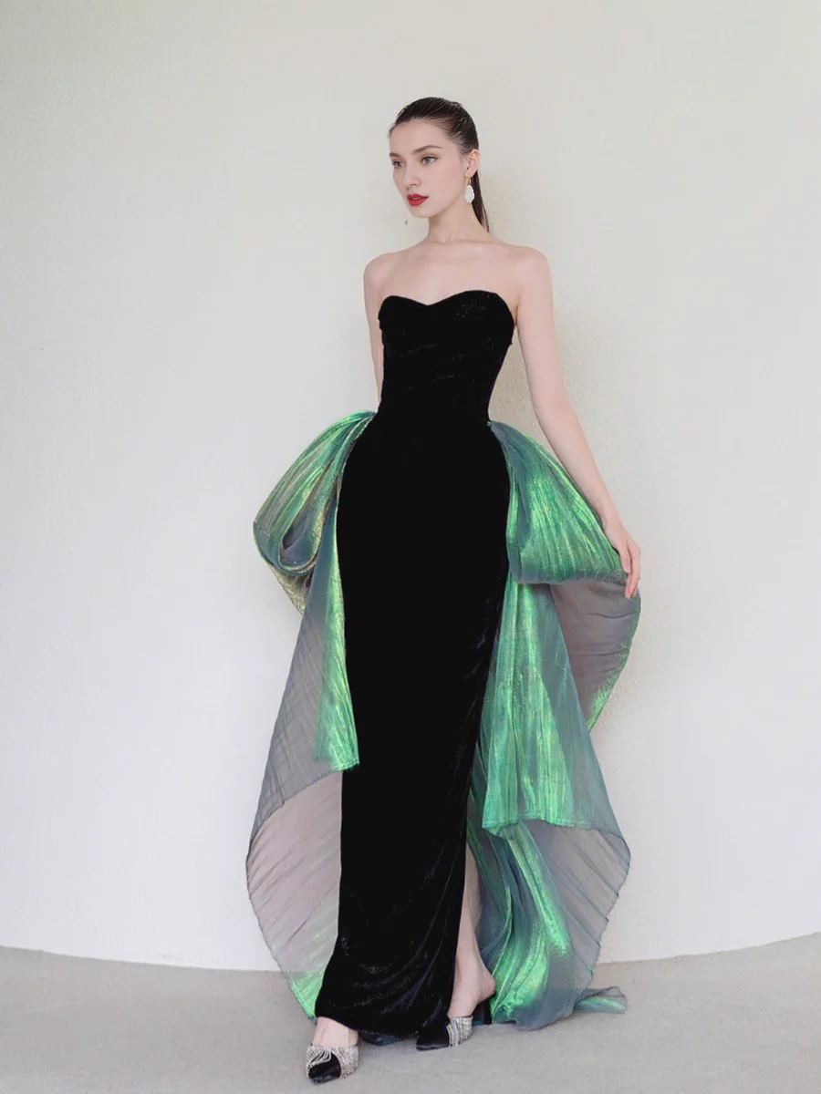 Vestido de fiesta largo de terciopelo negro con hombros descubiertos y mangas, estilo sirena sexy